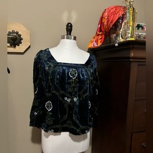 ANTHROPOLOGIE Blue Lacy Velvet Puff Sleeve Blouse Embroidered | size S